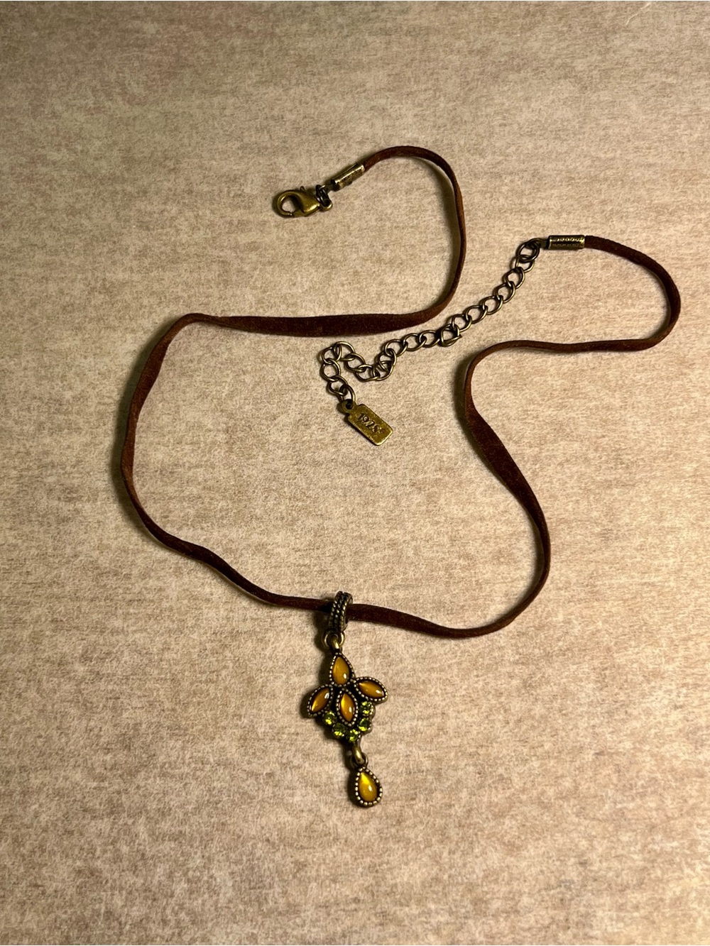 Vintage 1928 Jewelry Co Amber Rhinestone Fleur De Lis Key Cord Necklace